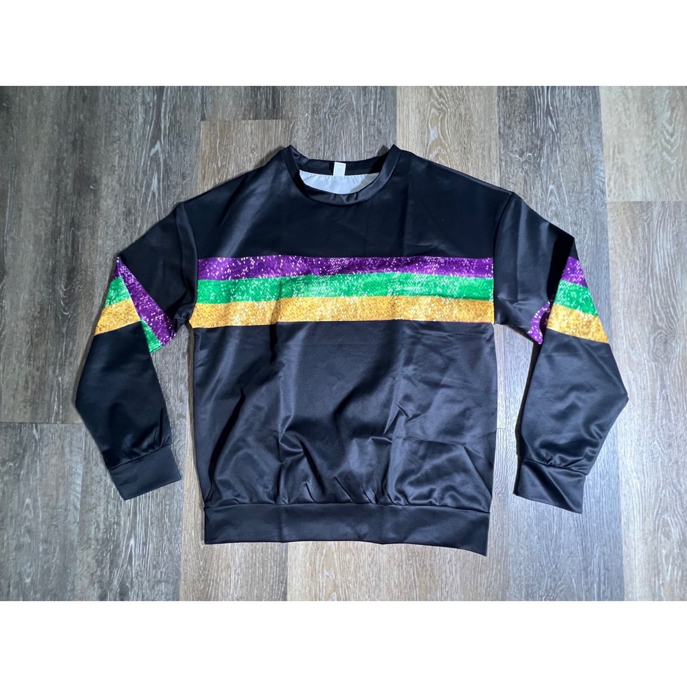 Unbranded Mardi Gras Sweatshirt Unisex Medium Black Purple Green Gold Glitter